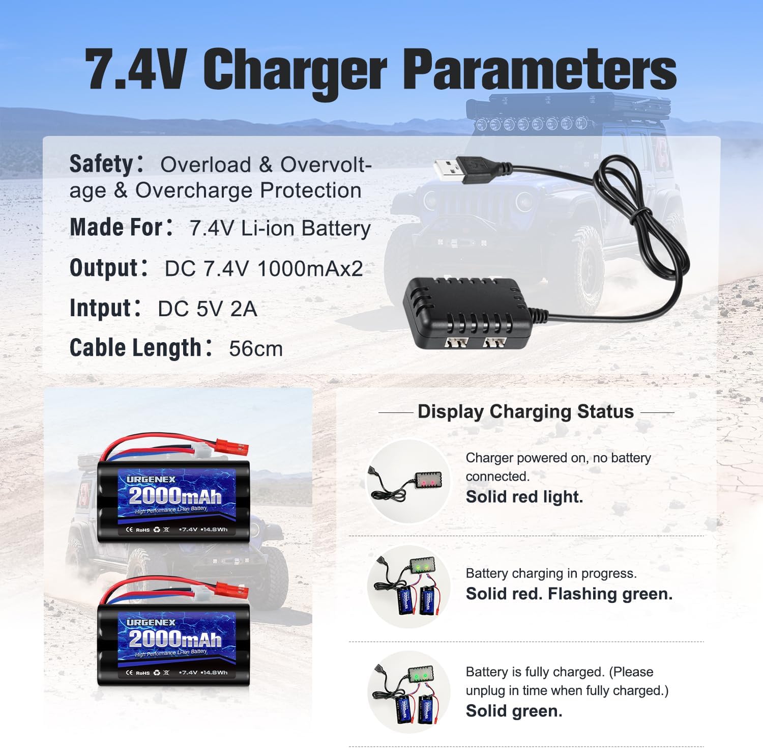 URGENEX 2000mAh 7.4 V Li-ion Battery with JST Plug 2S Rechargeable RC Battery with 1 to 2 USB Charger Fit for RC Helicopter Car Truck and RC Boats