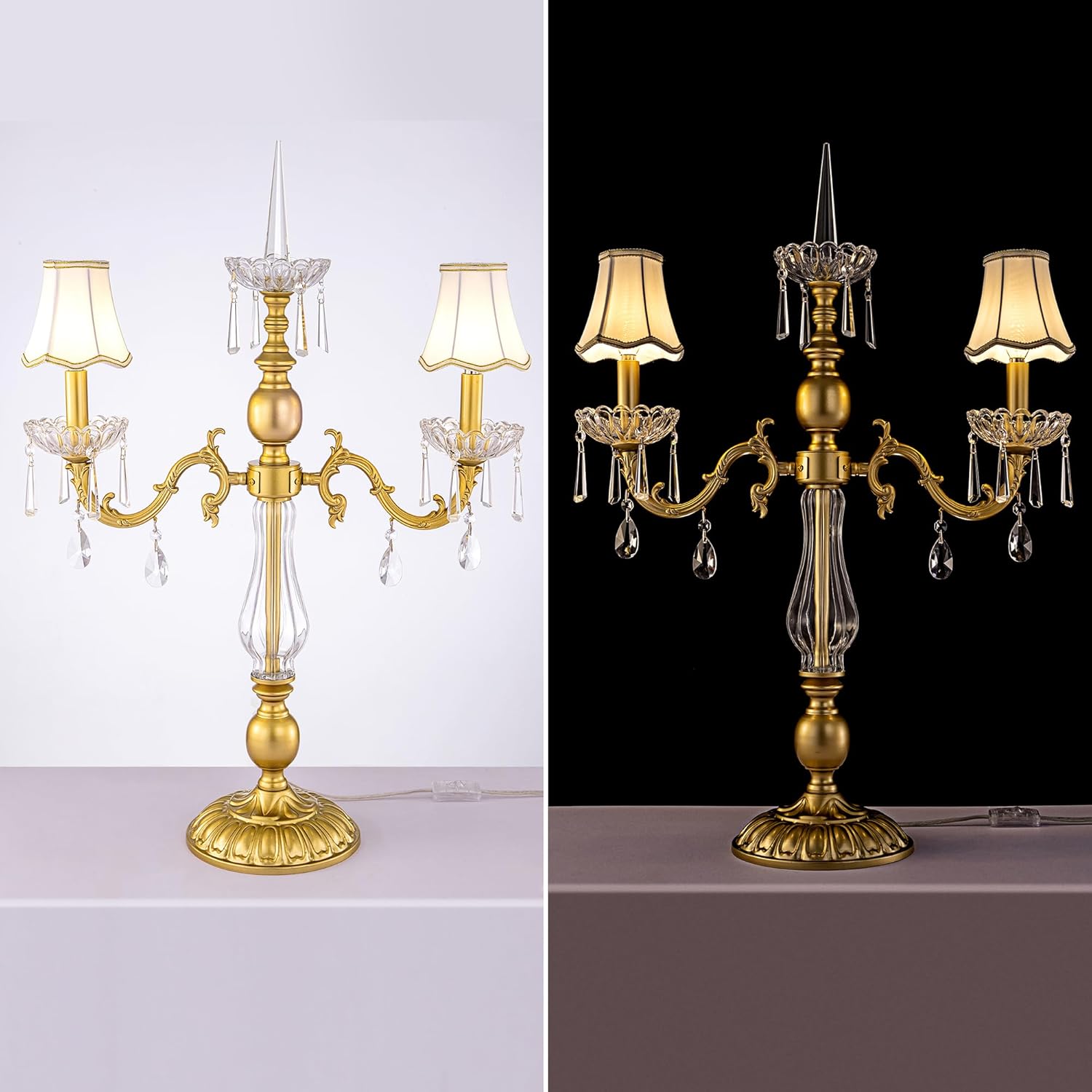 Wellmet Gold Crystal Table Lamp, 2 Light Crystal Table Lamp for Bedroom, Vintage Table Lamps for Living Room, Bedroom, Office Hotel Decor, Modern Palace Lights