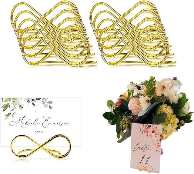 10 Pcs Place Card Holders, Gold Metal Figure 8 Shape Stand, Table Number Holder, Ideal for Wedding Parties, Engagement Parties, Restaurants, or Other Types of Gatherings