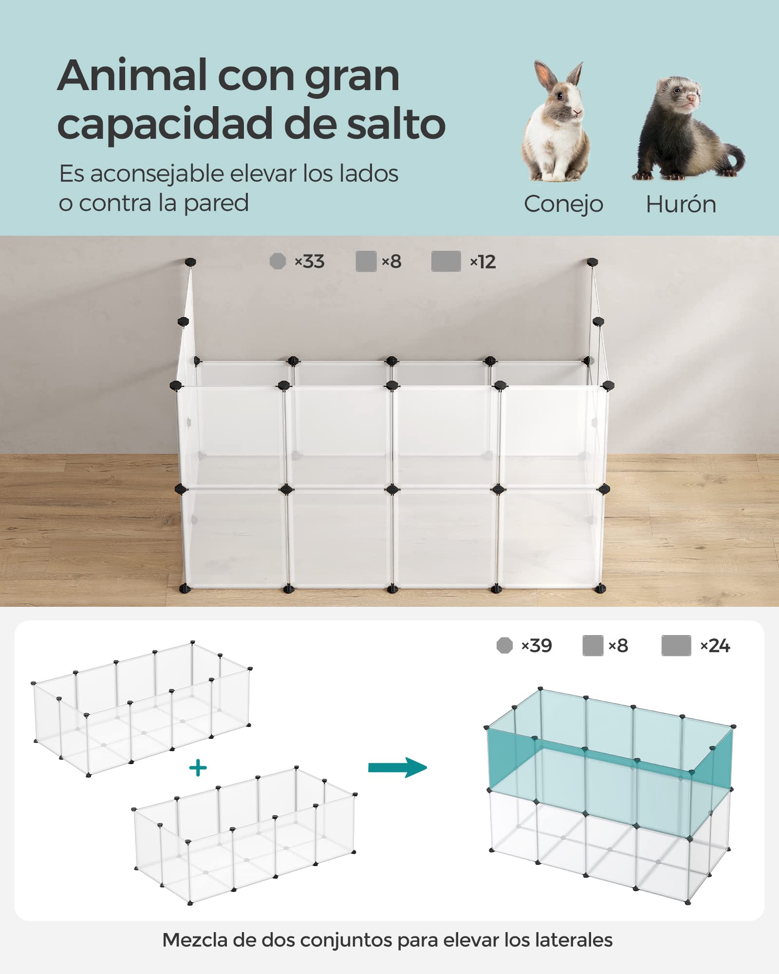 SONGMICS Valla para Mascotas, Parque para Cobayas con Suelo, Recinto Interior de Plástico Transparente para Hámsters, Conejos, Erizos, para Animales Pequeños, 143 x 73 x 46 cm, Blanco LPC02W