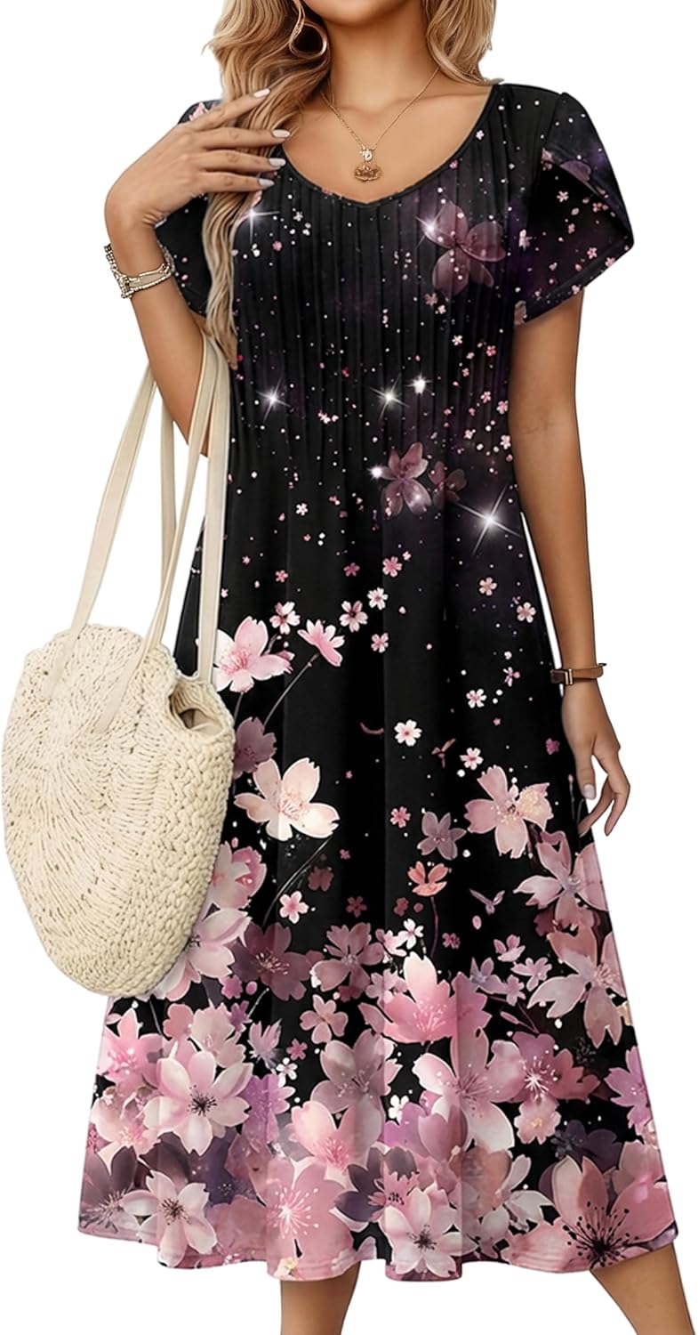 Zeagoo Women Midi Dresses for Summer 2026 Short Sleeve Casual Flowy Dress A Line Pleated V Neck Beach Sundress with Pockets