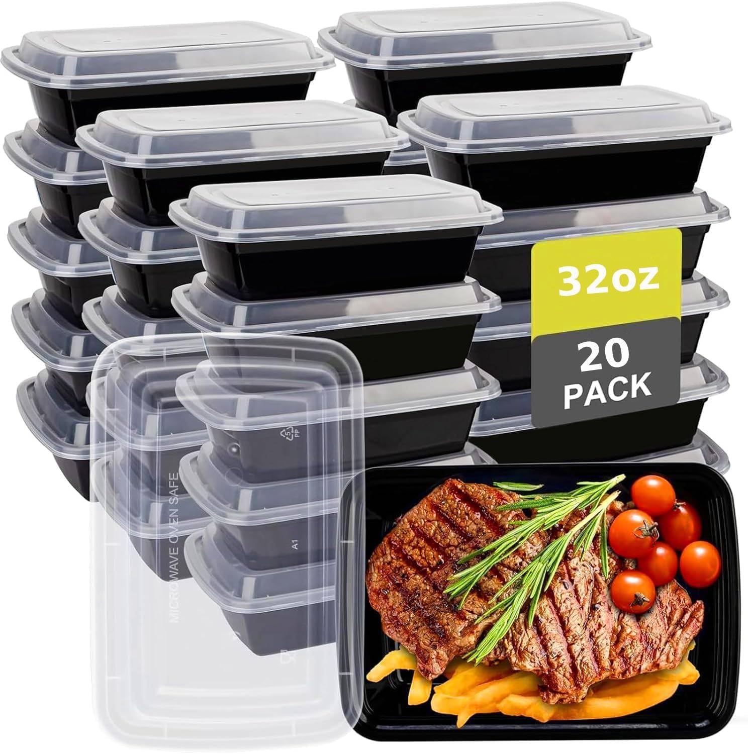 MOMENT 20 Pack Microwave Disposable Container with Lid Rectangular, 1 Compartment Meal Prep Plastic Take Away Containers Food Storage for Kitchen Lunch Boxes 22x15x6cm