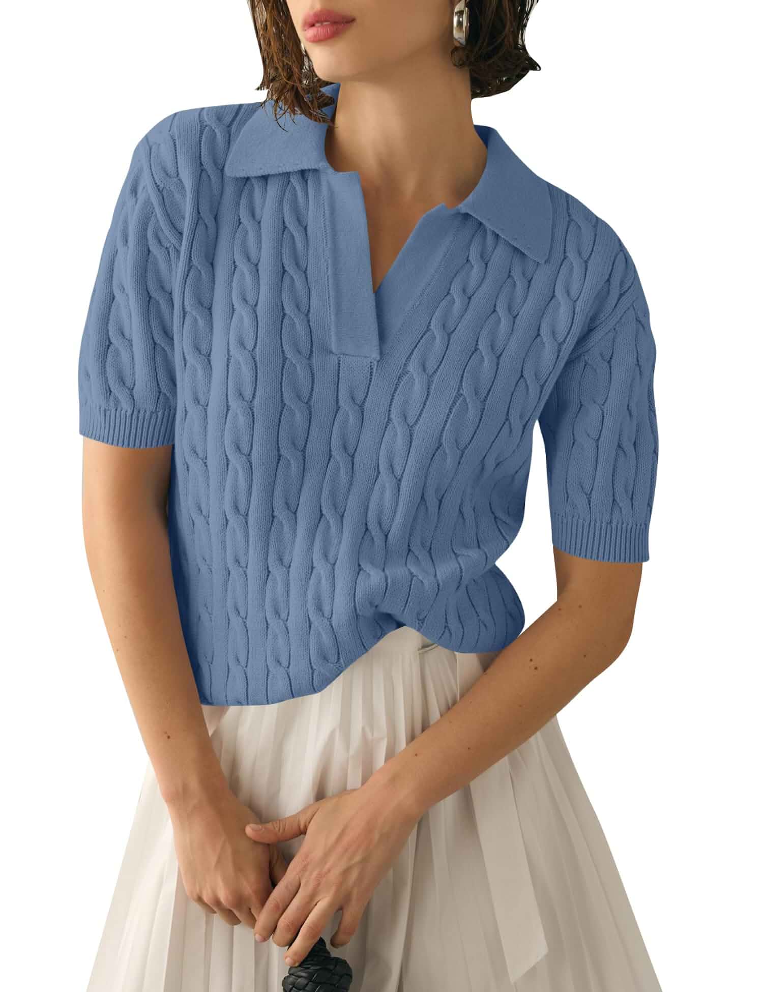 Micoson Womens Short Sleeve Sweater Tops Lapel V Neck Polo Shirts 2026 Summer Cable Knit Loose Blouses, Business Casual Outfits