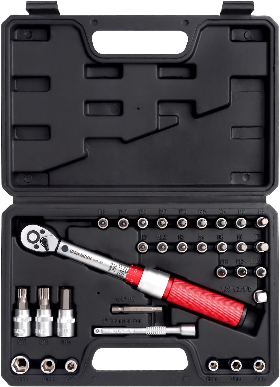 1/4" Torque Wrench Set 2.5-25Nm,32PCS Precision Tool Including Extension Rod, Bits, Hex Nuts, Adapters for Motorcycle Bike