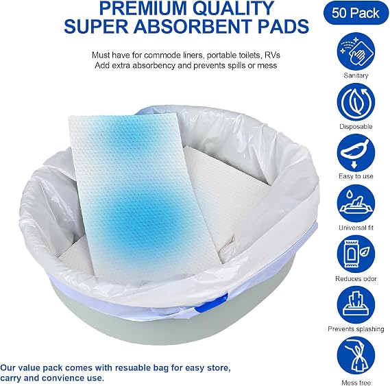 Ultra Absorbent Commode Pads for 70 OZ Liquid Absoprtion, 50 Pcs for Bedside Commode Liners, Medical Grade Universal Fit, Disposable, Easy for Seniors & Disabled or Camping