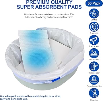 Ultra Absorbent Commode Pads for 70 OZ Liquid Absoprtion, 50 Pcs for Bedside Commode Liners, Medical Grade Universal Fit, Disposable, Easy for Seniors & Disabled or Camping