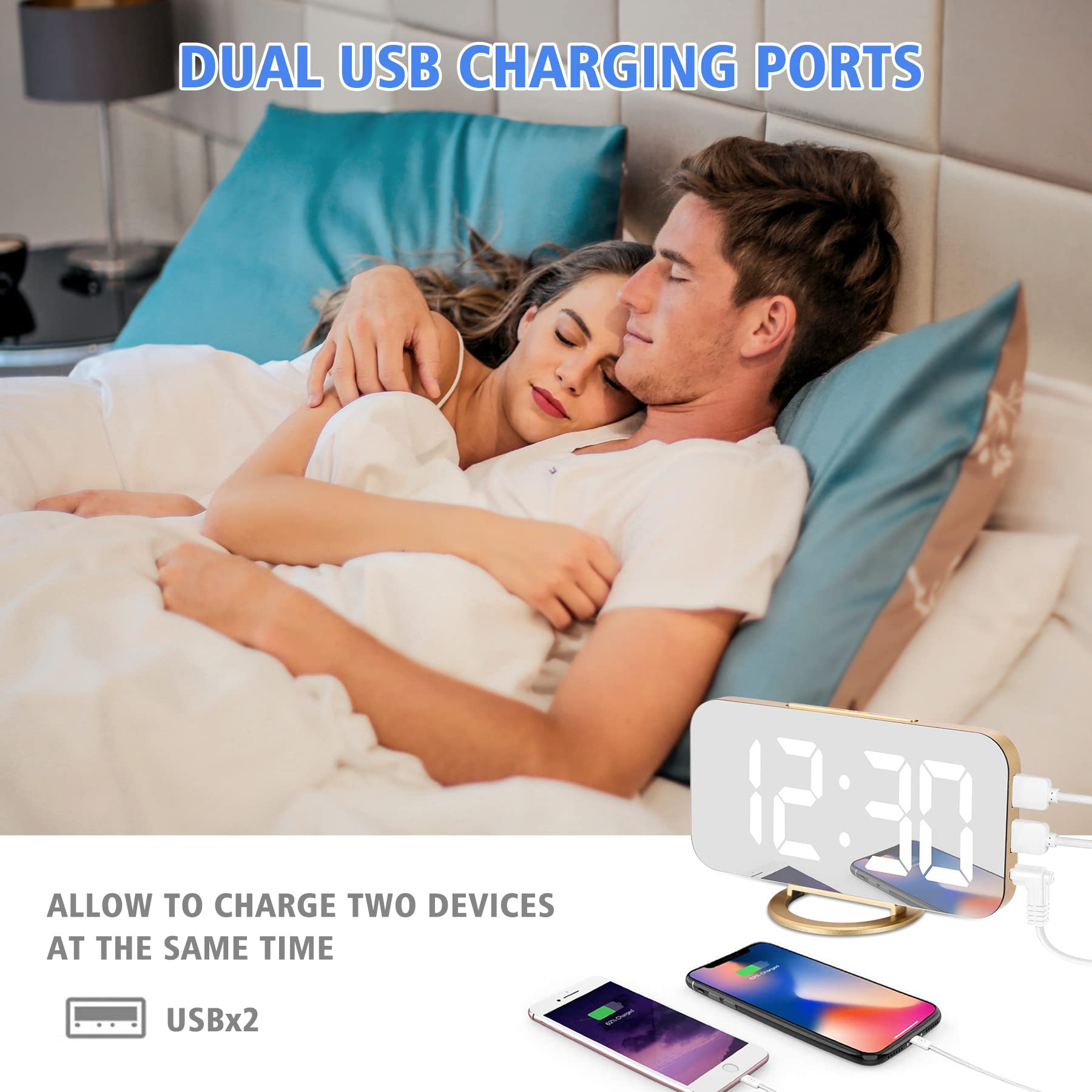 Ygdigital Digital Alarm Clock,6.5 Inch LED Mirror Electronic Clocks,with 2 USB Charging Ports,3 Adjustable Brightness, Snooze,12/24H, for Bedroom Home Office (Gold)