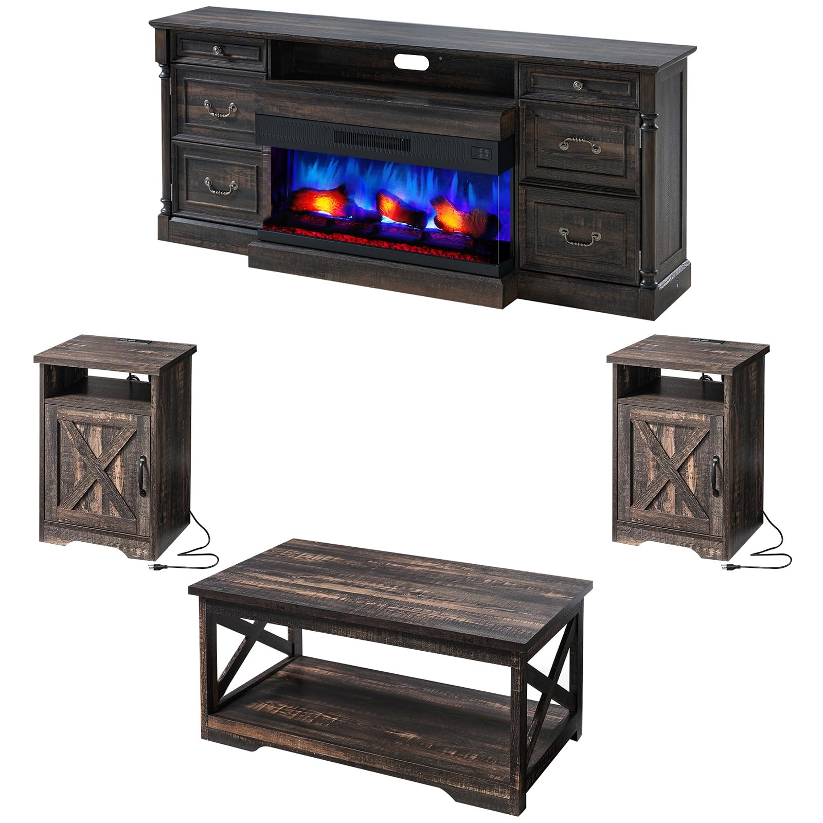 5-Piece Farmhouse Living Room Table Sets, Includes 75" Rustic TV Stand with 36" 3-Sided Glass Fireplace, 40" Coffee Table and 2 End Tables with Charging Station & Barn Doors, Black Oak 75in Black Oak