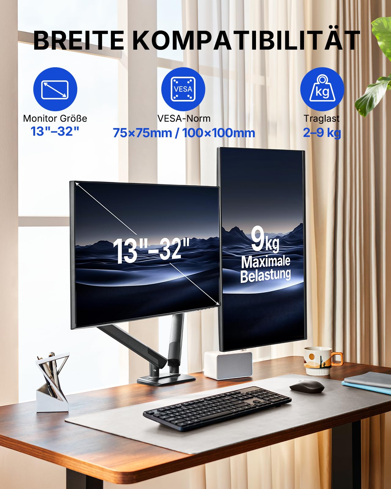HUANUO MonitorHalterung 2 Monitore für 13–32 Zoll, MechaSpring Bildschirmhalterung bis 9 kg, FlowLift Pro Monitorarm (Neigung/Schwenk/Rotation) werkzeuglos montierbar VESA 75/100 mm, für Gaming&Office
