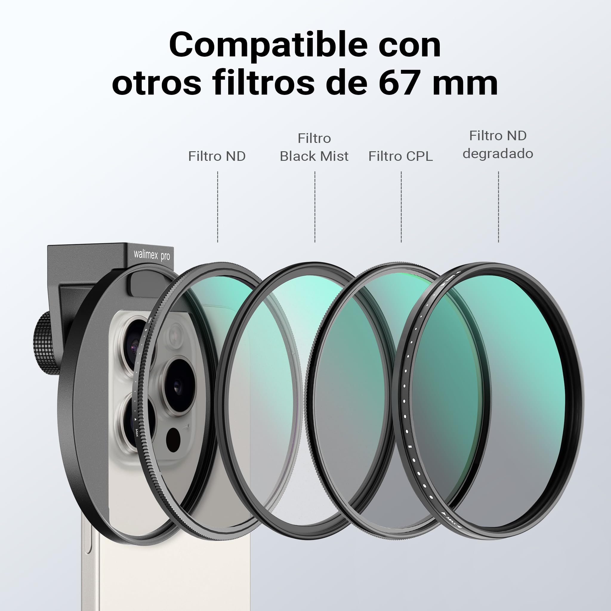 Walimex pro Clip de Filtro 67 mm para cámara de móvil, Incluye Filtro polarizador Circular CPL, con Zapata fría, Accesorio para fotografía y vídeo con Smartphone