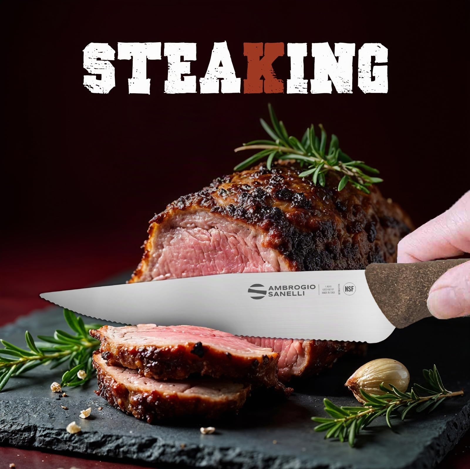 SteaKing Ambrogio Sanelli - Set da 4 - Coltello Bistecca, lama Microdentata cm 13 in Acciaio Inox NitroB e Manico in SEBS, Coltello Professionale, Made in Italy