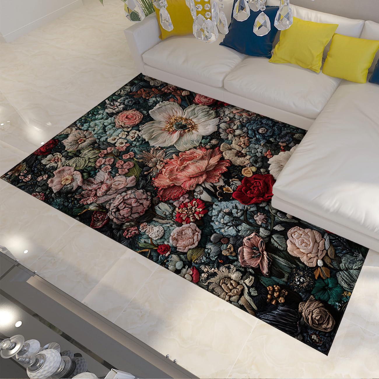 Tapis fleurs vintage 120x180cm tissage fin à poils bas de qualité
