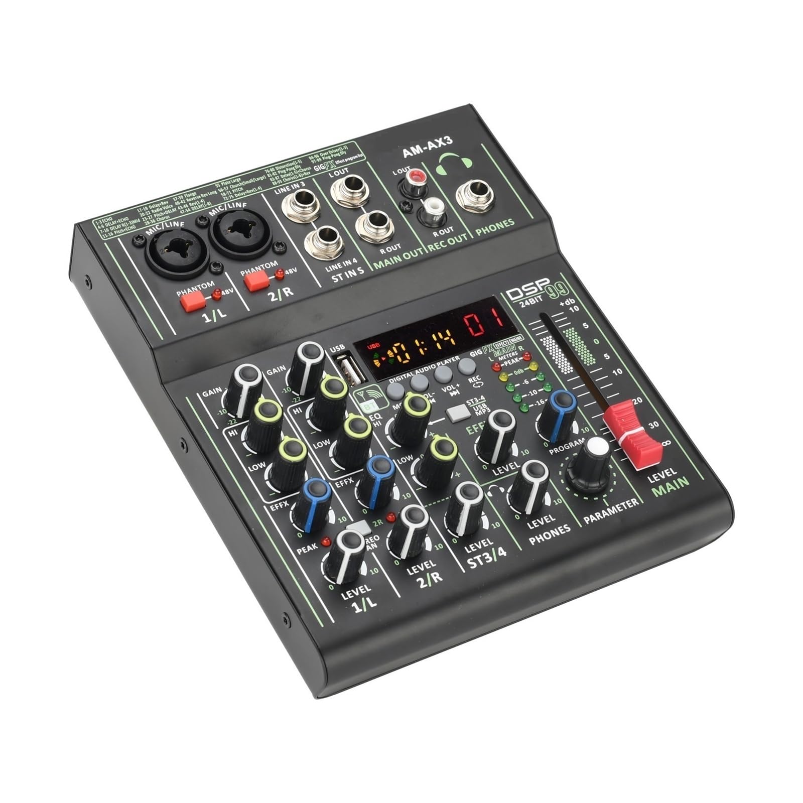Mikser audio, Mikser 4-kanałowy Indywidualny +48V Phantom Power 99 Efektów DSP USB Komputer Odtwarzanie Nagrywanie Konsola miksująca do karaoke w studiu