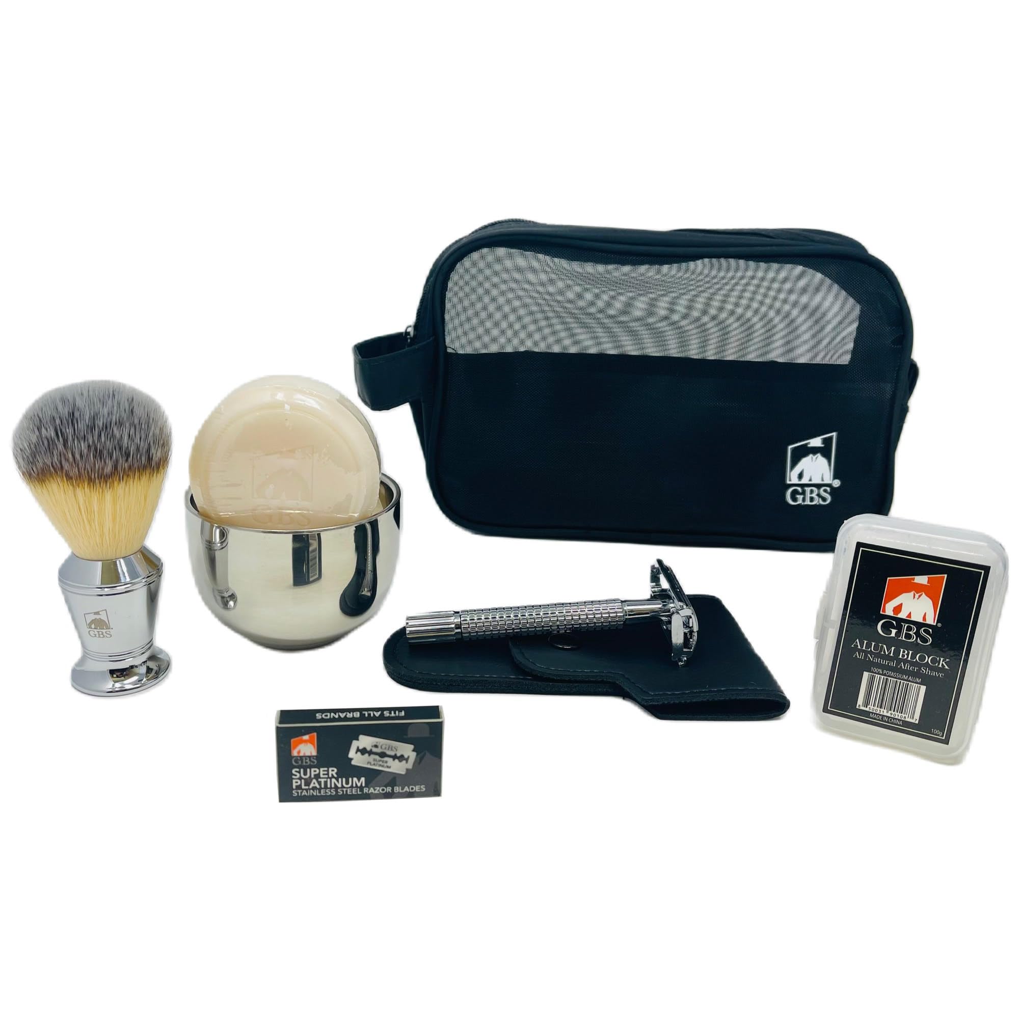 G.B.S Kit da viaggio deluxe da uomo, rasoio di sicurezza a farfalla a doppio bordo, spazzola da barba cromata, portasapone, sapone da barba naturale con blocco di alluminio, borsa da toilette in rete