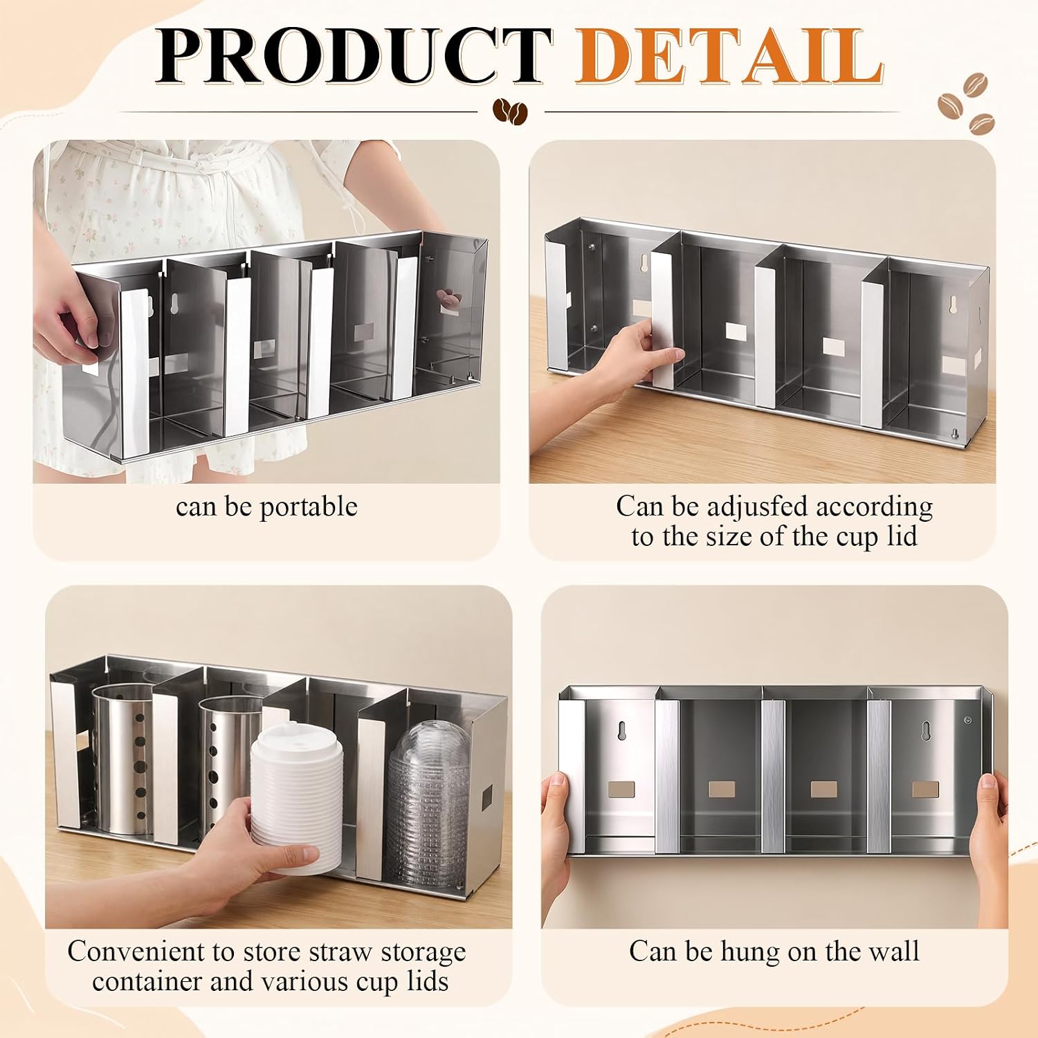 Hicarer 4 Compartments Stainless Steel Cup Dispenser with 2 Straw Holder