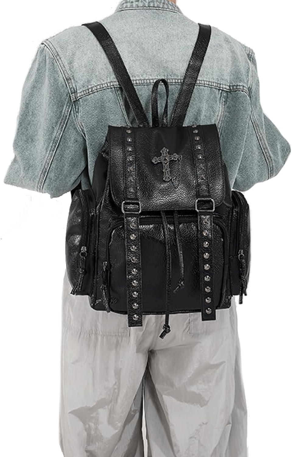 Studded Backpack Cross Metal Studs Y2k Purse Punk Backpack for Women 2000s Goth Edgy Daypack Gothic Daily Party Club(Black)