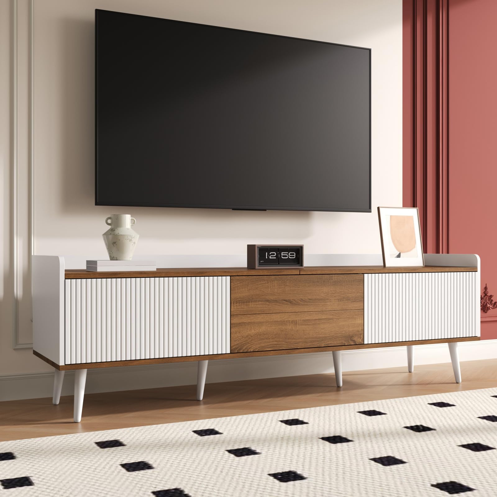OLIVIBED TV Unit 160 cm Long with 3 Doors, TV Stand Cabinet for TVs up to 65 inch, Media Console Table Ideal for Living Room Bedroom, Transitional Style Entertainment Center, White and Natural