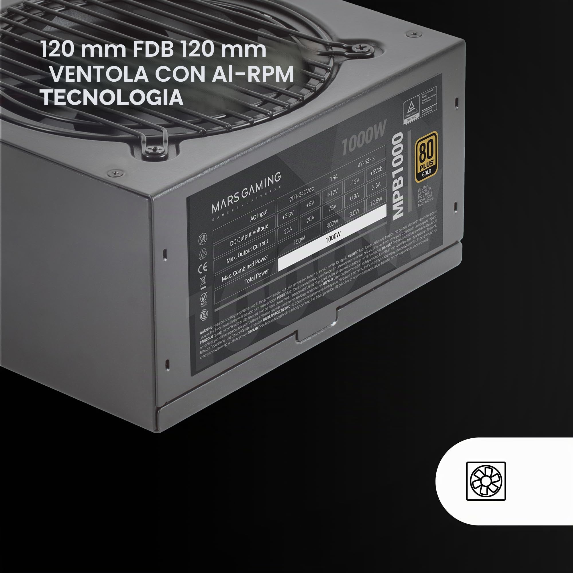 Mars Gaming MPB1000, Alimentatore PC 1000W ATX, 80Plus Gold, 90% Di efficienza, Ventola da 120 mm con Tecnologia SilentRPM Ultrasilent, Sistema PFC Attivo, Nero e Rosso