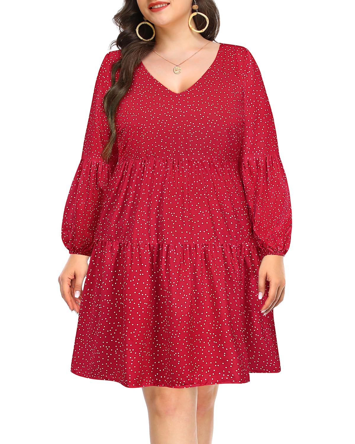 Pinup FashionWomen's Plus Size Summer Tunic Dress Long Sleeve V Neck Casual  Shift Babydoll Loose Flowy Swing Ruffle Dresses