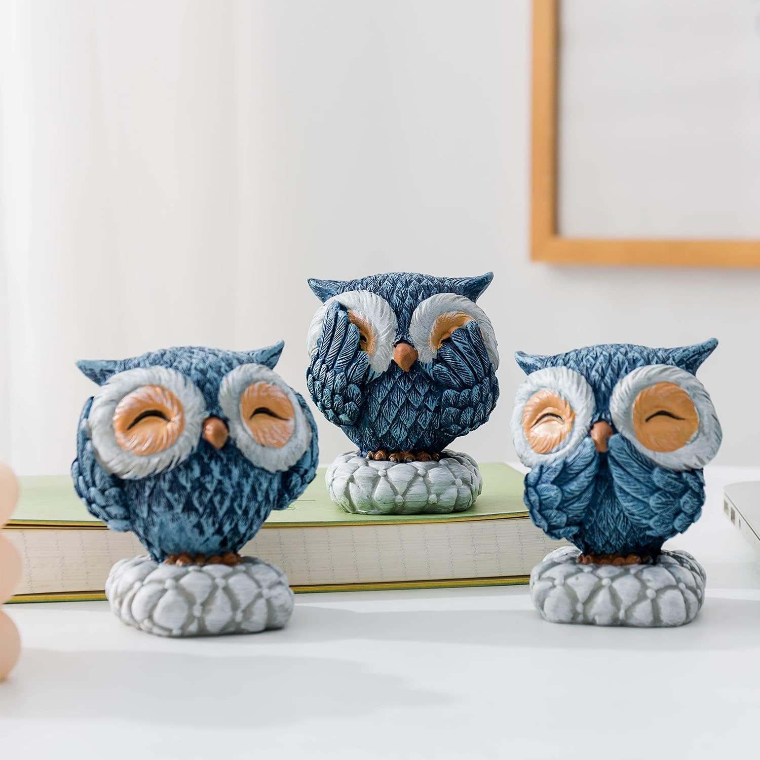 AWNR 3 Pcs Blue Owl Decor for Home Decor Accents, Owl Statue for Cute Shelf Decor Accents Living Room Bookshelf Decorations Owl Sculpture for Owl Lover Gifts