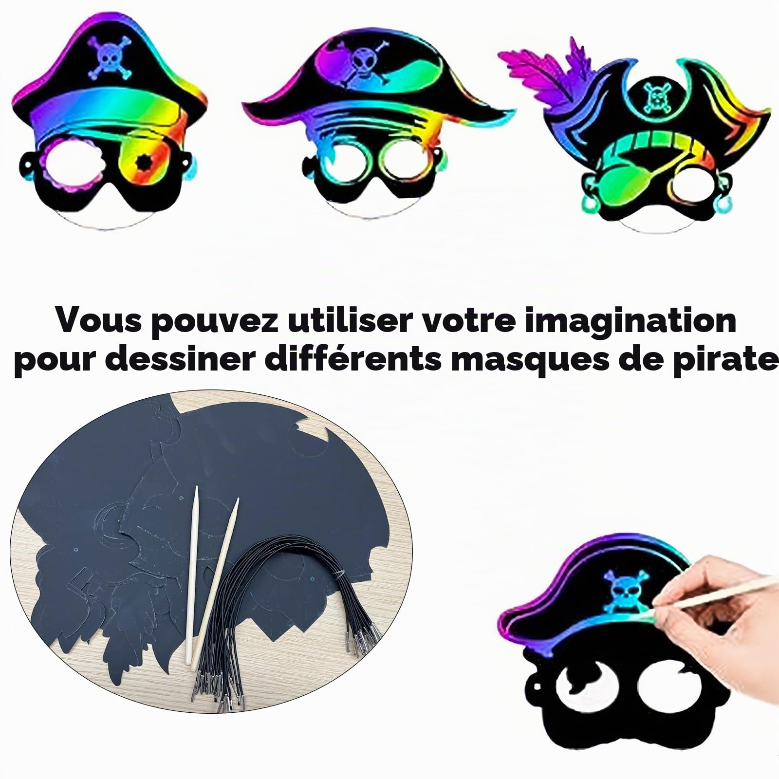 Lot de 48 masques de pirate arc-en-ciel à gratter pour anniversaire