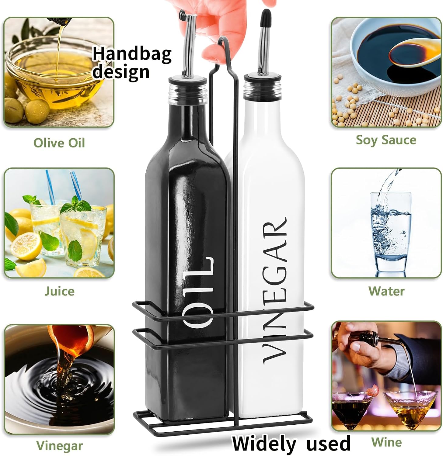 Farmhouse Oil and Vinegar Dispenser Set, 17 oz, beautiful olive oil dispenser, includes a black steel rack and a funnel, vintage cruets for vinegar and oil (Black Oil & White Vinegar)