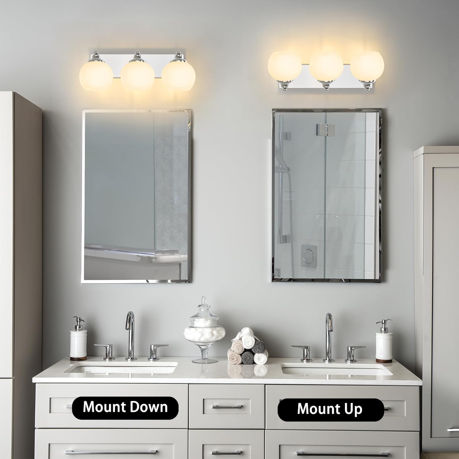 Chrome Bathroom Light Fixtures, Vanity Light Over Mirror, Chrome Vanity Lamp with Clear Globe Glass (Chrome & Frosted Glass)
