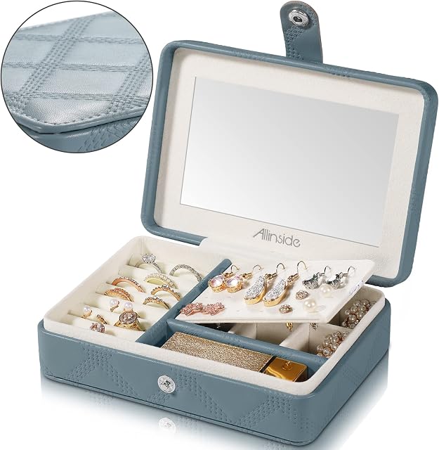 Allinside Small Leather Jewellery Box Organiser, Mini Travel Jewellery Case with Mirror, Portable Jewelry Storage Case for Earrings, Rings, Necklaces, Bracelets(Blue)