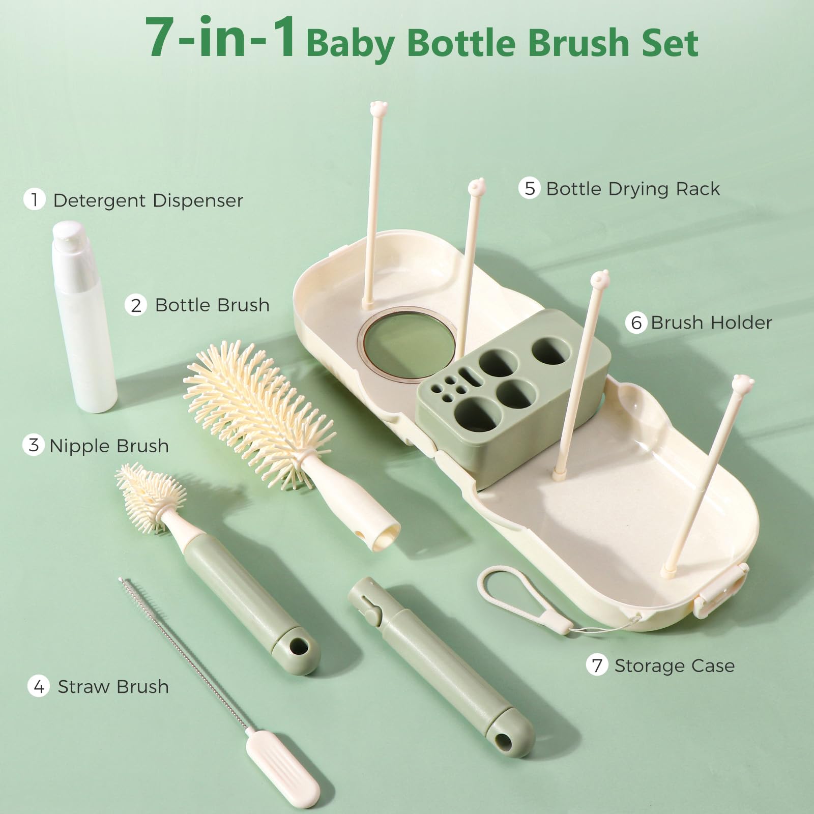 Diboniur 7 in 1 Set di Scovolino Biberon con Scovolino per Bottiglie, Spazzola per Capezzoli, Spazzola per Cannucce, Scola Biberon, Flacone Dispenser per Detersivo e Scatola di Immagazzinaggio