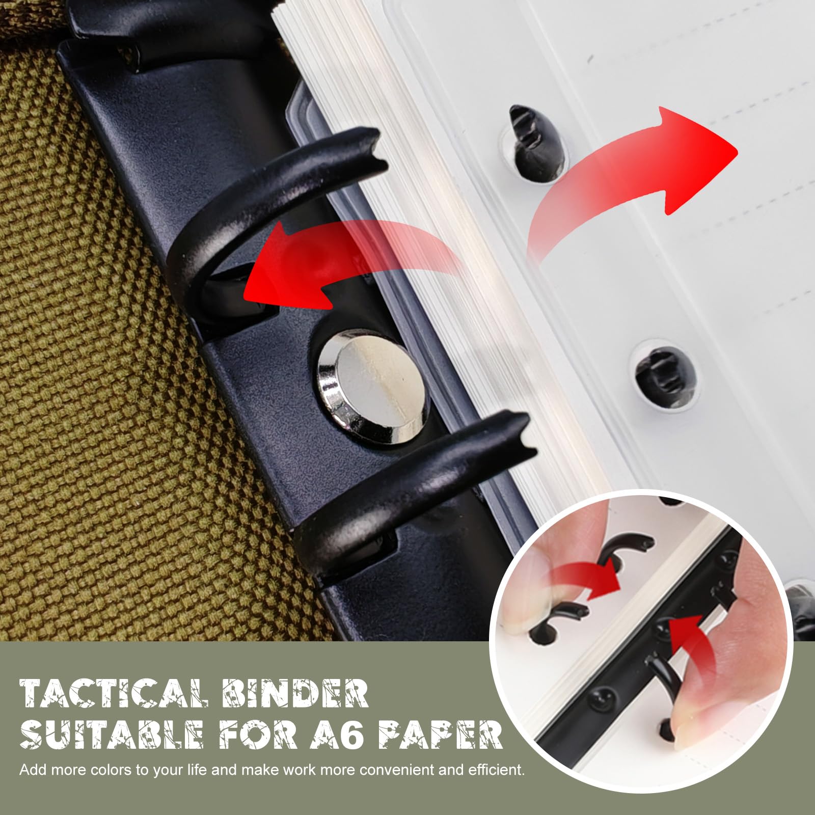 Taktische Padfolio Ringbinder mit 45 Blatt, Militär Padfolio Ringbuch mit Reißverschluss, Militär-Notizbuchhülle, Wetterfester A6 Notizbuch Ordner, Abnehmbarer 6-Ringbuch-Organizer, Khaki