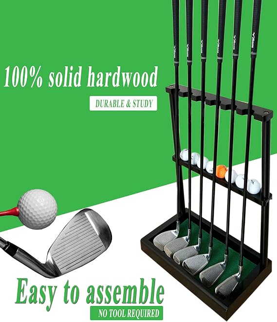 Golf Club Rack Stand, Solid Wood Golf Club & Putter Display Rack, Golf Club Organizer Holds Up to 6 Clubs with Ball Storage, Floor Rack for Indoor Golf Simulator, Office or Home