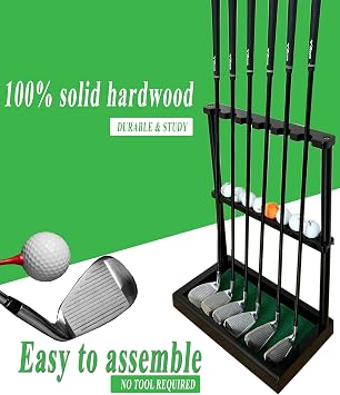 Golf Club Rack Stand, Solid Wood Golf Club & Putter Display Rack, Golf Club Organizer Holds Up to 6 Clubs with Ball Storage, Floor Rack for Indoor Golf Simulator, Office or Home