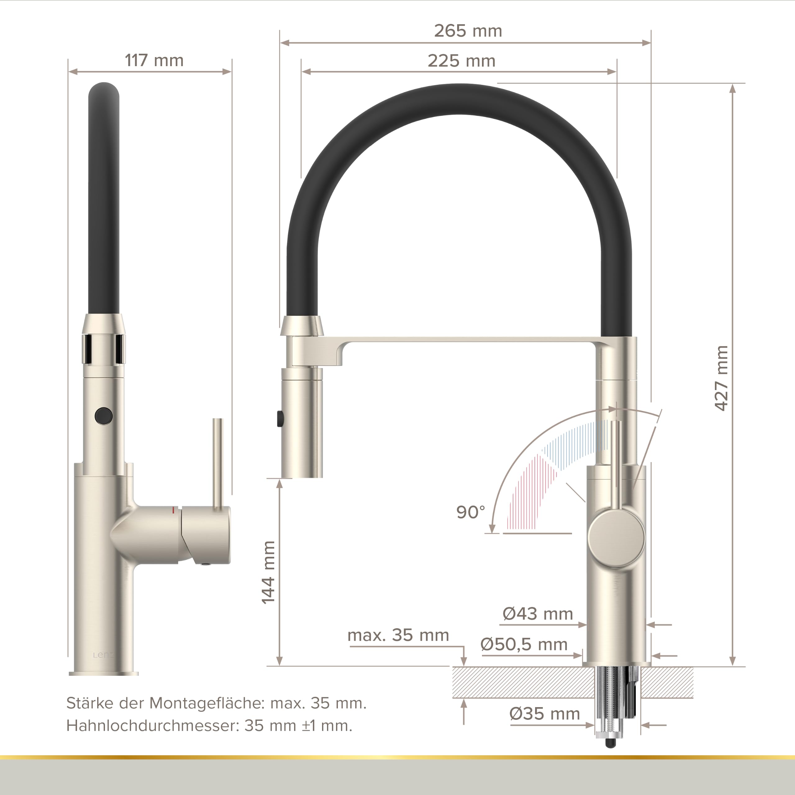 Lenz Küchenarmatur NALU in Nickel – Flexible Geschirrbrause, 2 Strahlarten | Spültischarmatur mit 2-Mengen-Funktion, Magnetische Halterung, Einfache Montage von oben, Höhe 42,7 cm, 46070422