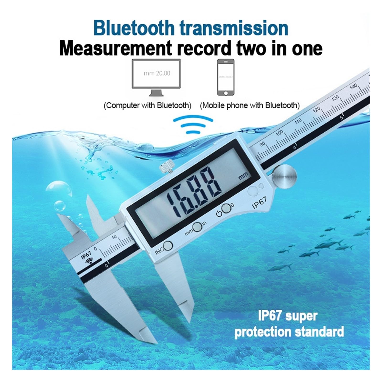 Micrómetro, Calibrador Vernier Digital electrónico, calibrador resistente al agua de 0-150/200/300mm, acero inoxidable con/sin Bluetooth(Bluetooth 0-300mm)