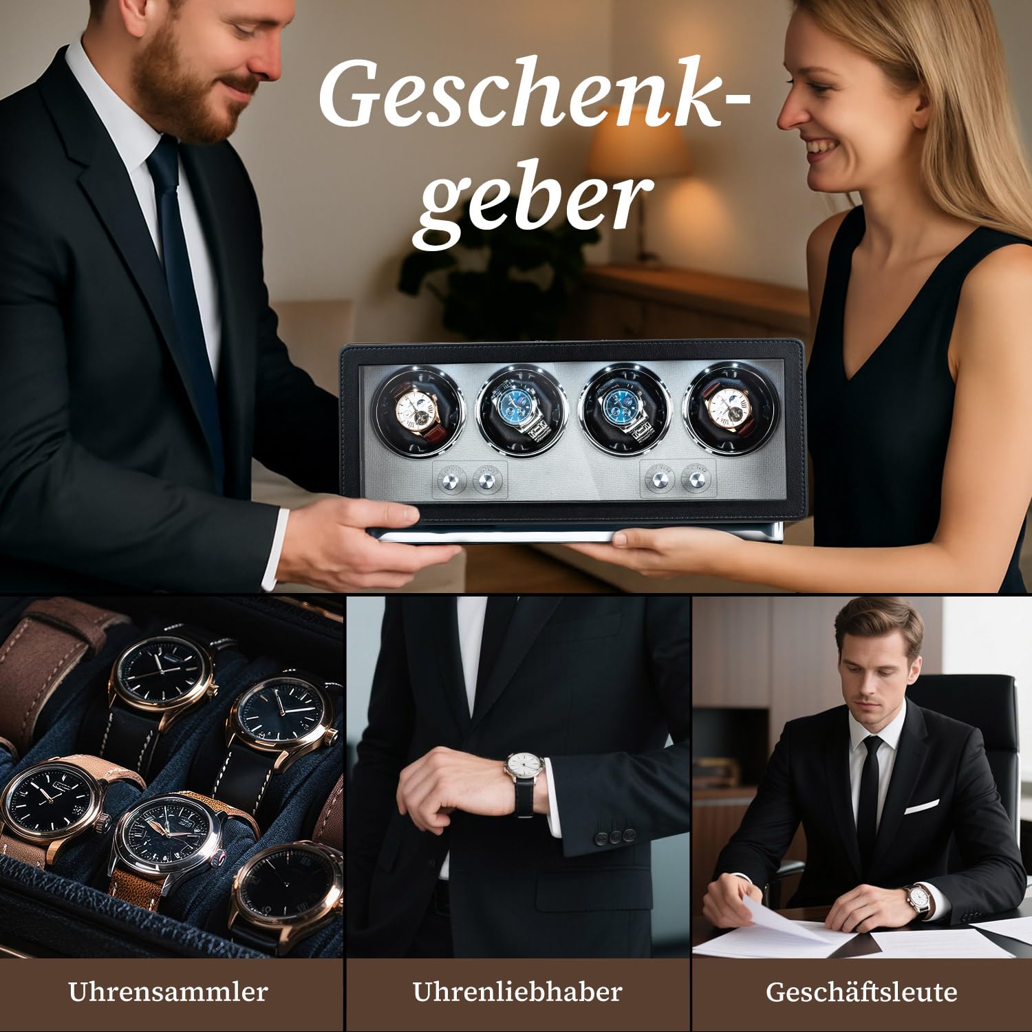 Mcbazel Rechteckige automatische Uhrenbewegerbox aus PU-Leder für 4 Uhren, ultraleiser Motor mit 4 Zifferblättern, LED-Lichtanzeige, 4 Rotationsmodi, Schwarz