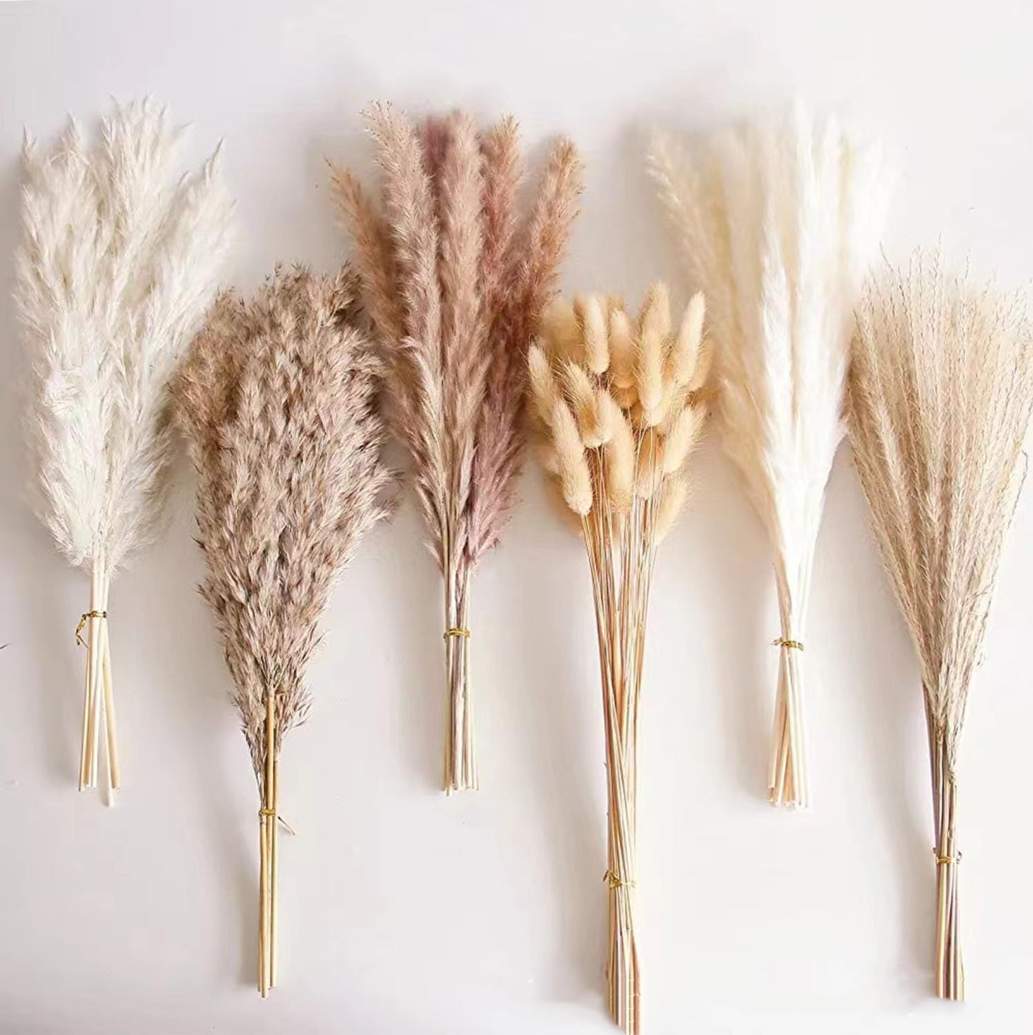 EETU 110 PCS Natural Dried Pampas Grass Bouquet, 17in Bunny Tails Dried Flowers&Brown Pompas&White Pampas Grass&whisk&reed for Wedding,Home Decor Boho