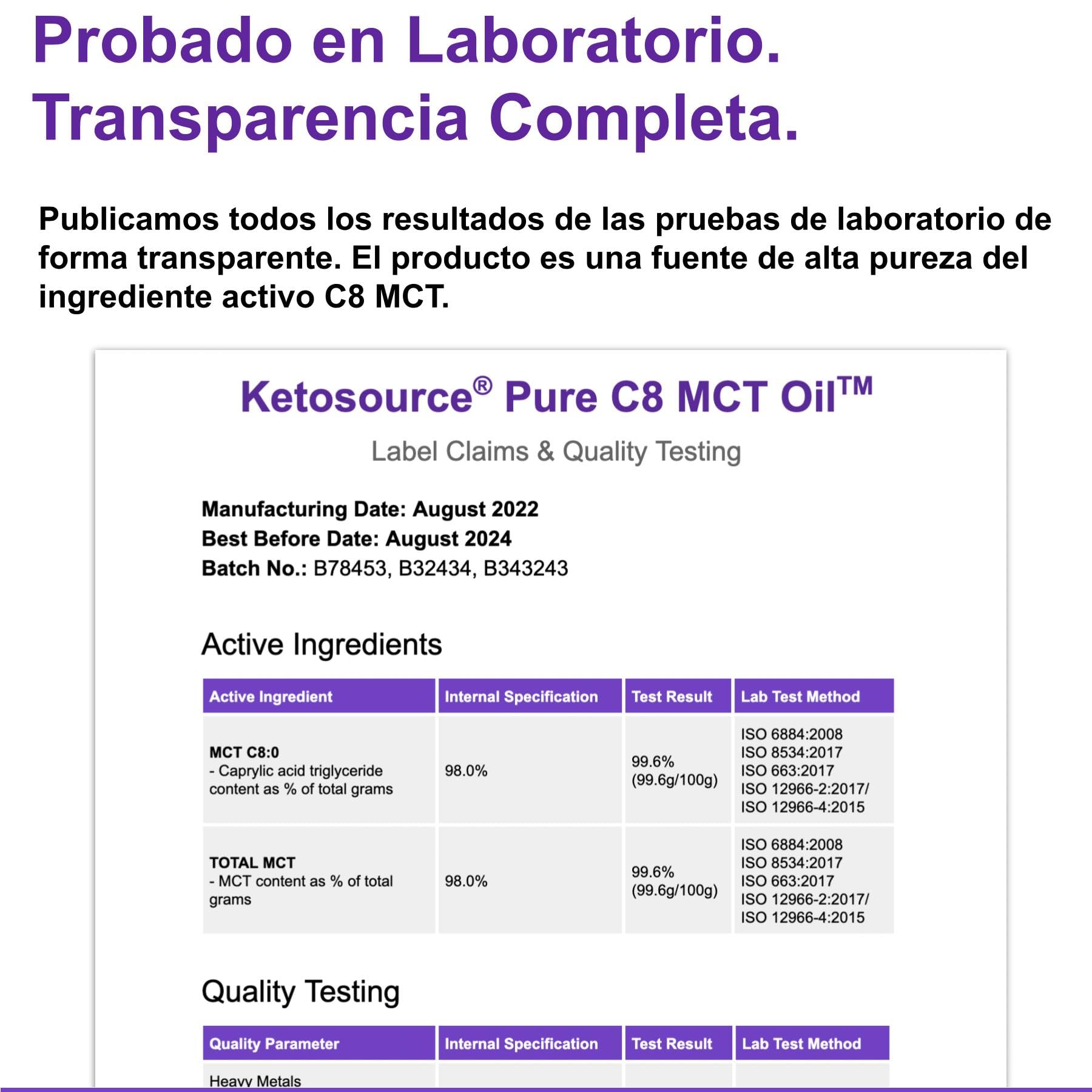 Aceite MCT C8 Puro | Aumenta las Cetonas 4 Veces en Comparación con Otros MCT | Alto 99%+ Pureza | Apoya Nutrición Keto y Ayuno | Origen Coco 100% | Bulletproof Coffee | 500ml | Ketosource®