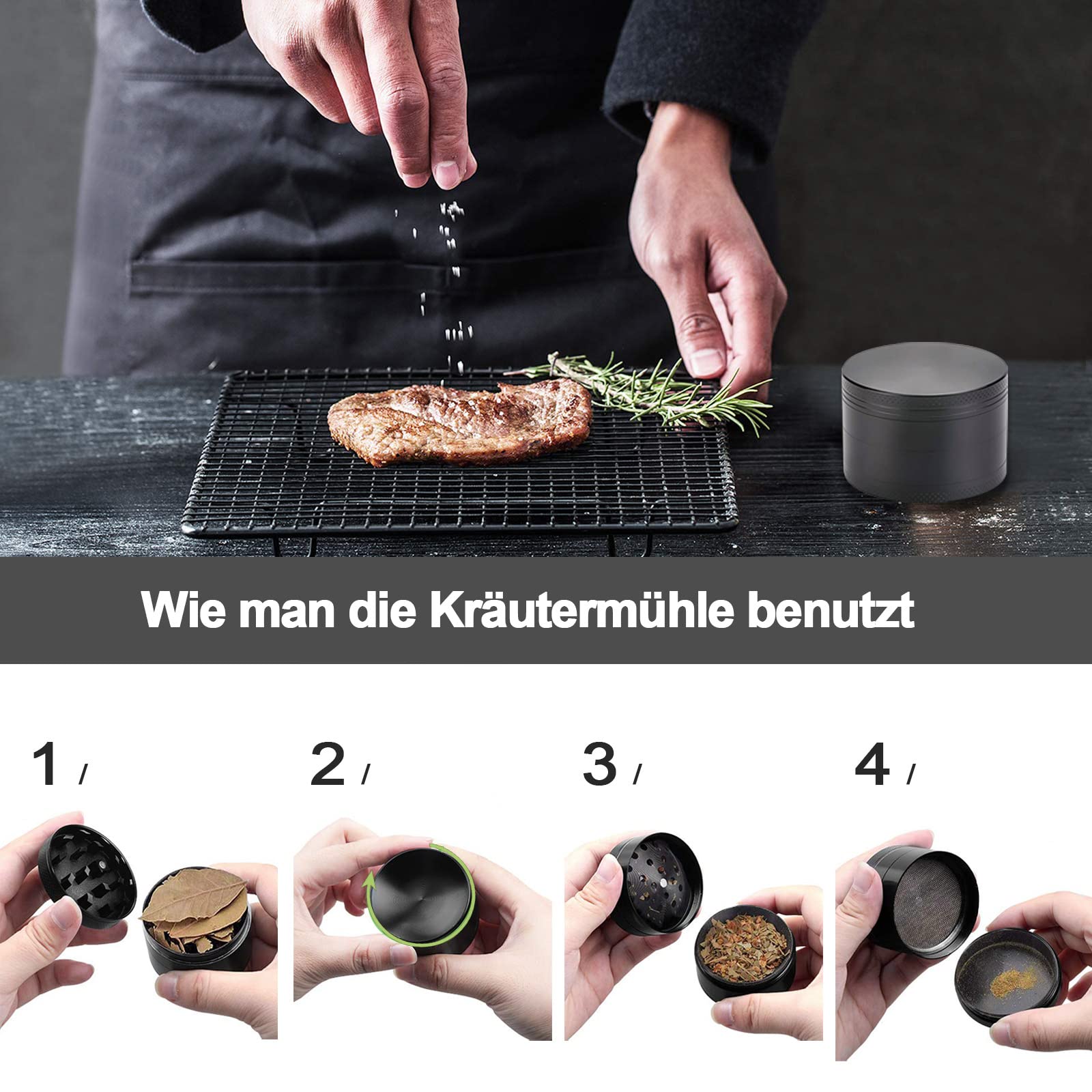 Molinillo de Polen y Especias de Aleación de Zinc - Juego de 4 Piezas Con Raspador de Polen Para Hierbas y Café - Color Negro