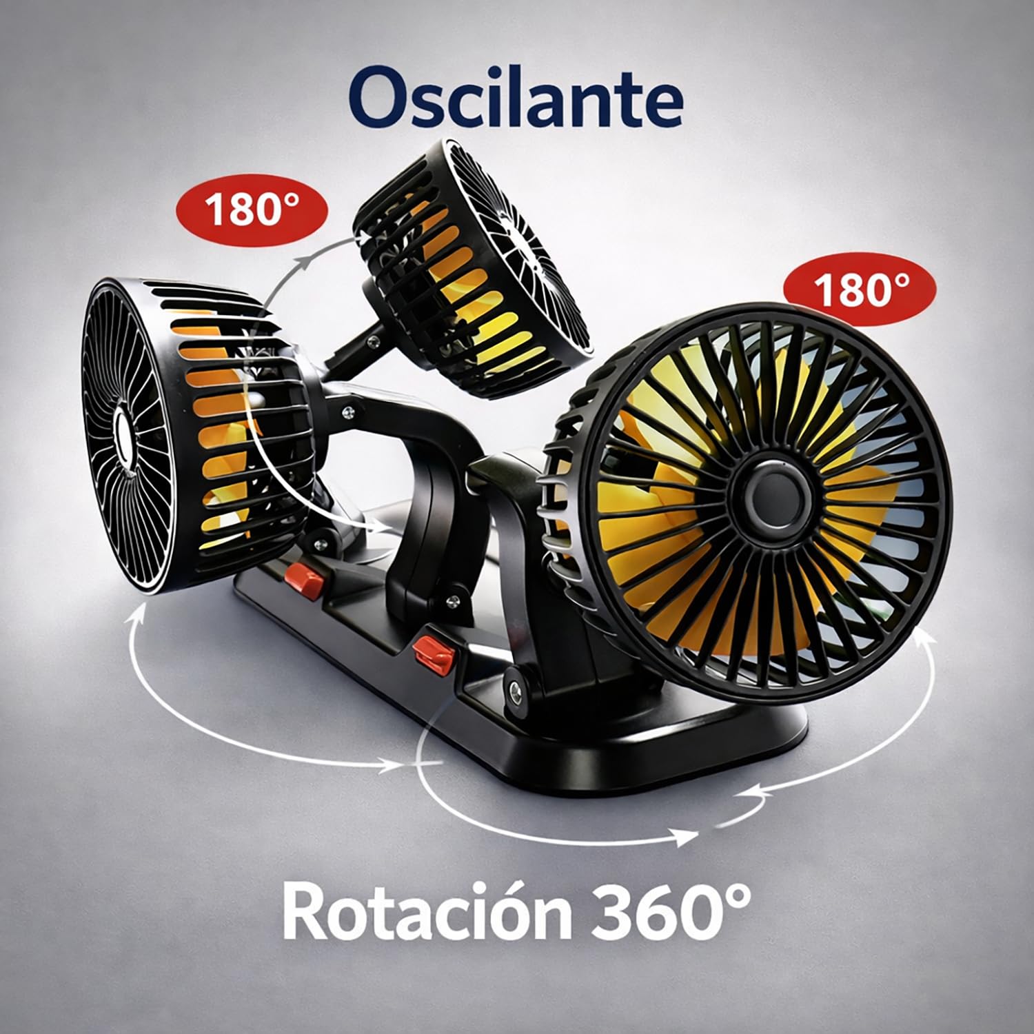 TIENDA EURASIA – Ventilador de Coche 12V Triple Cabezal con Rotación 360° | 2 Velocidades | Conexión a Toma 12V (Encendedor) | Cable 1,4 m | Negro | 32x11x16 cm
