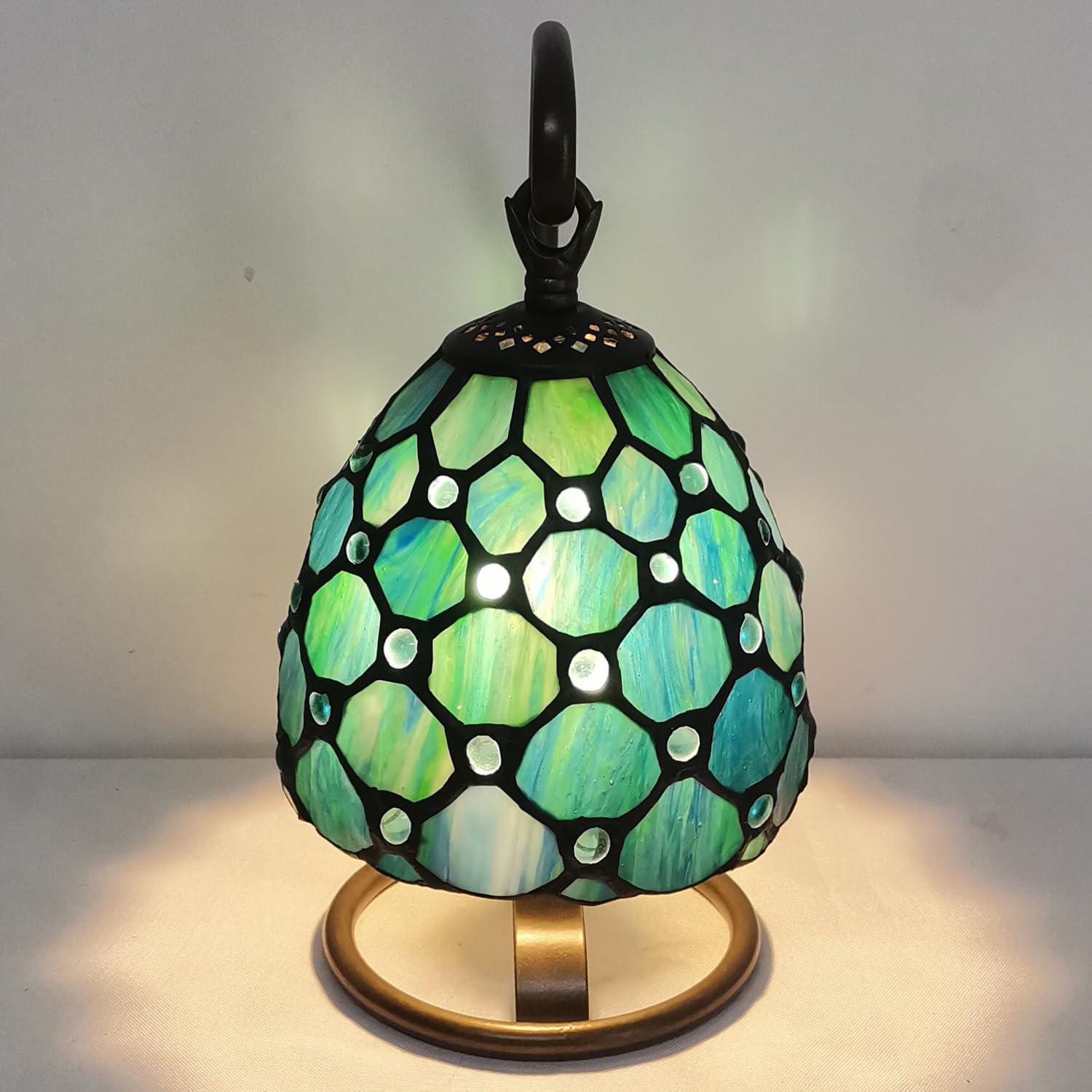 Small Tiffany Lamp Stained Glass Table Lamp 8X6X10 Inch Mini Accent Memory Sympathy Antique Night Light for Bedroom Living Room (Sea Blue Pearl)
