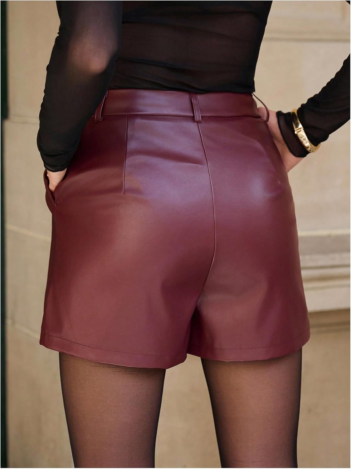 GORGLITTER Women's Leather Shorts Pleated High Waisted Wide Leg Dressy Business Casual Shorts with Pockets - Image 3