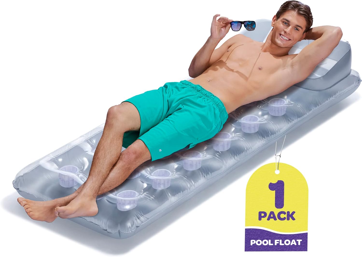 SEWANTA Inflatable Pool Lounger 74” X 28” Pool Floats with Headrest, 18-Pocket Suntanner Lounge Grey Color. Silver Bottom/Clear Top - Inflatable Pool Rafts for Adults, Bundled Duckie