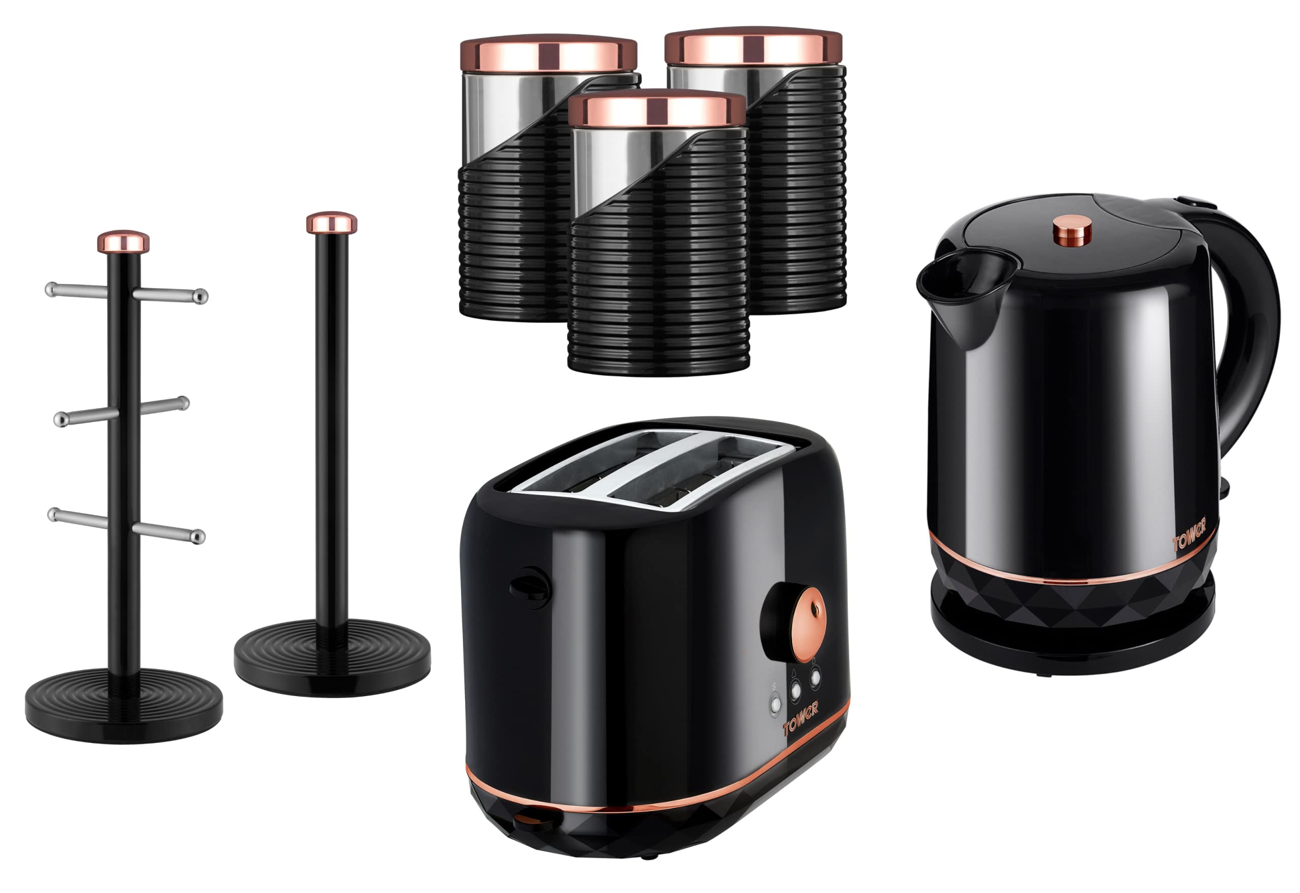 TOWER Rose Gold & Black Kettle, 2 Slice Toaster, Linear Set of 3 Canisters, Mug Tree & Towel Pole. Matching Kitchen Set of 7 from The Rose Gold Collection