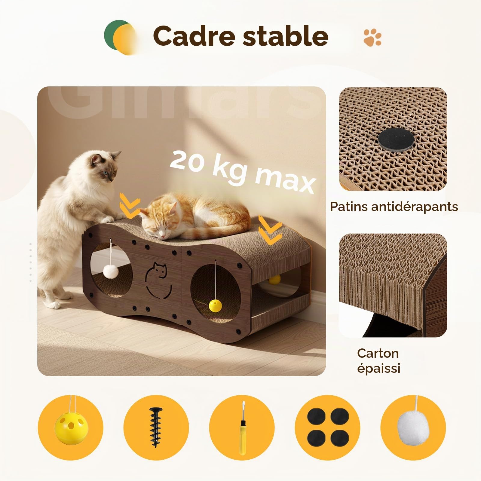 Gimars Griffoir Chat en Carton 3-en-1 avec Tunnel, Griffoir en Carton pour Chats avec Balles, Protection des Meubles, Style Bois (Noyer)