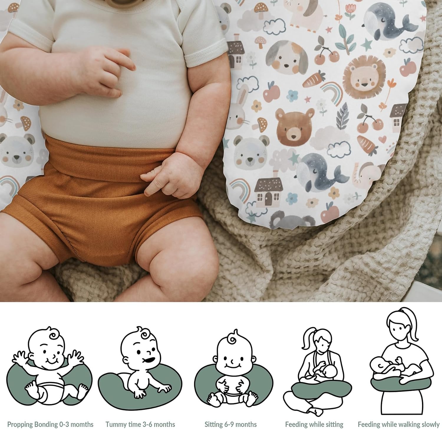 Boho Cute Watercolor Baby Nursing Pillow Covers for Boy Girl Bear Lion Koala Bunny Nursing Pillow Slipcovers for Breastfeeding Pillows Neutral Animal Soft Stretchy Removable Covers for Newborn Infant