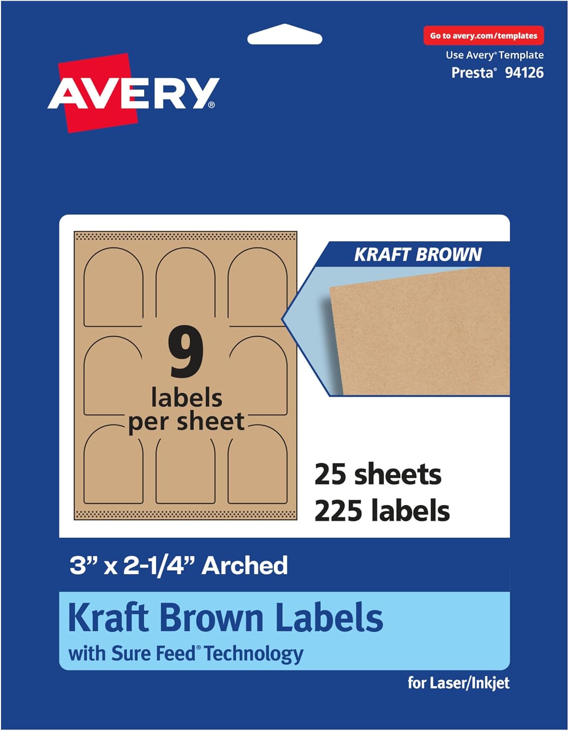 Avery Kraft Brown Arched Labels, Sure Feed Technology, 3" x 2.25", 900 Kraft Brown Labels, Print-to-The-Edge, Laser/Inkjet Printable