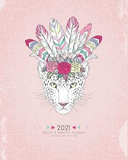 2021 Weekly & Monthly Planner - Australian Edition: 12 Month Weekly Notebook Diary - Cute Boho Recycled Vintage Hippie Style - Agenda for Women, Teen Girls & School - Tiger Dusty Pink