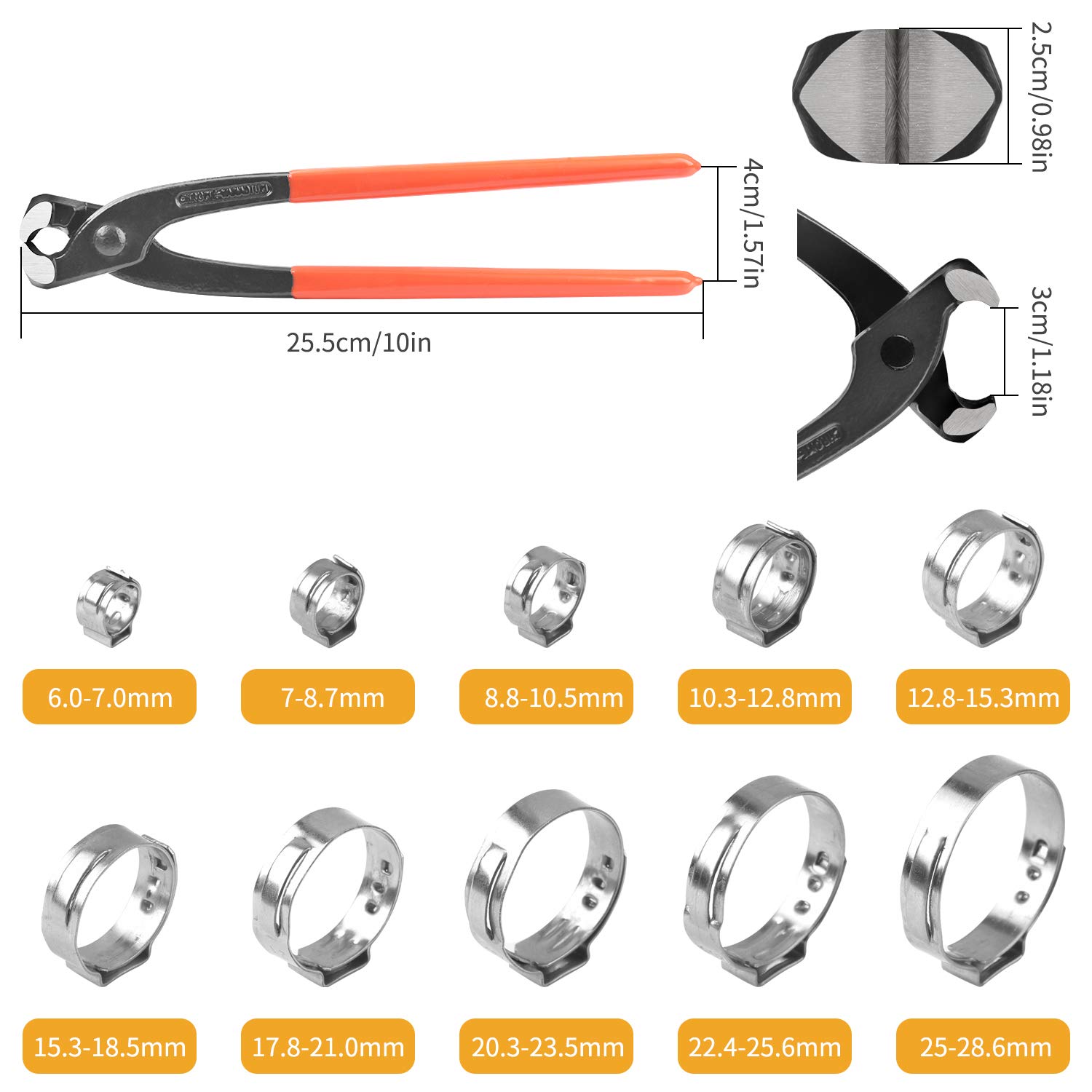 VIGRUE 100Pcs 6-28.6mm Single Ear Hose Clamps 10 Sizes with Ear Clamp Pincer 304 Stainless Steel Stepless Hose Clamps for Securing Pipe Hoses and Automotive Use