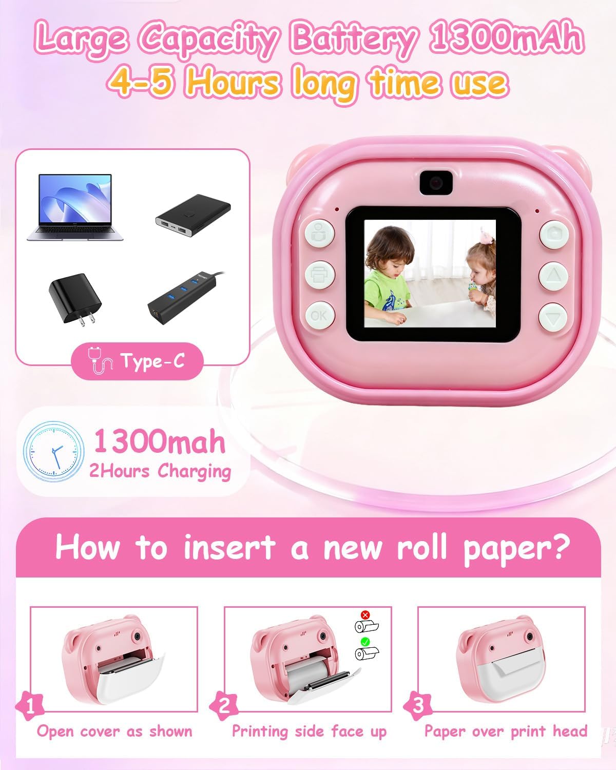 Kids Camera Instant Print,Instant Camera with Silicone Cover,1080P HD Dual-Lens Selfie Digital Cameras with 4 Rolls Paper & 32GB Card,Christmas Birthday Gifts for Toddler Teenagers Age 3-14 Pink - Image 7