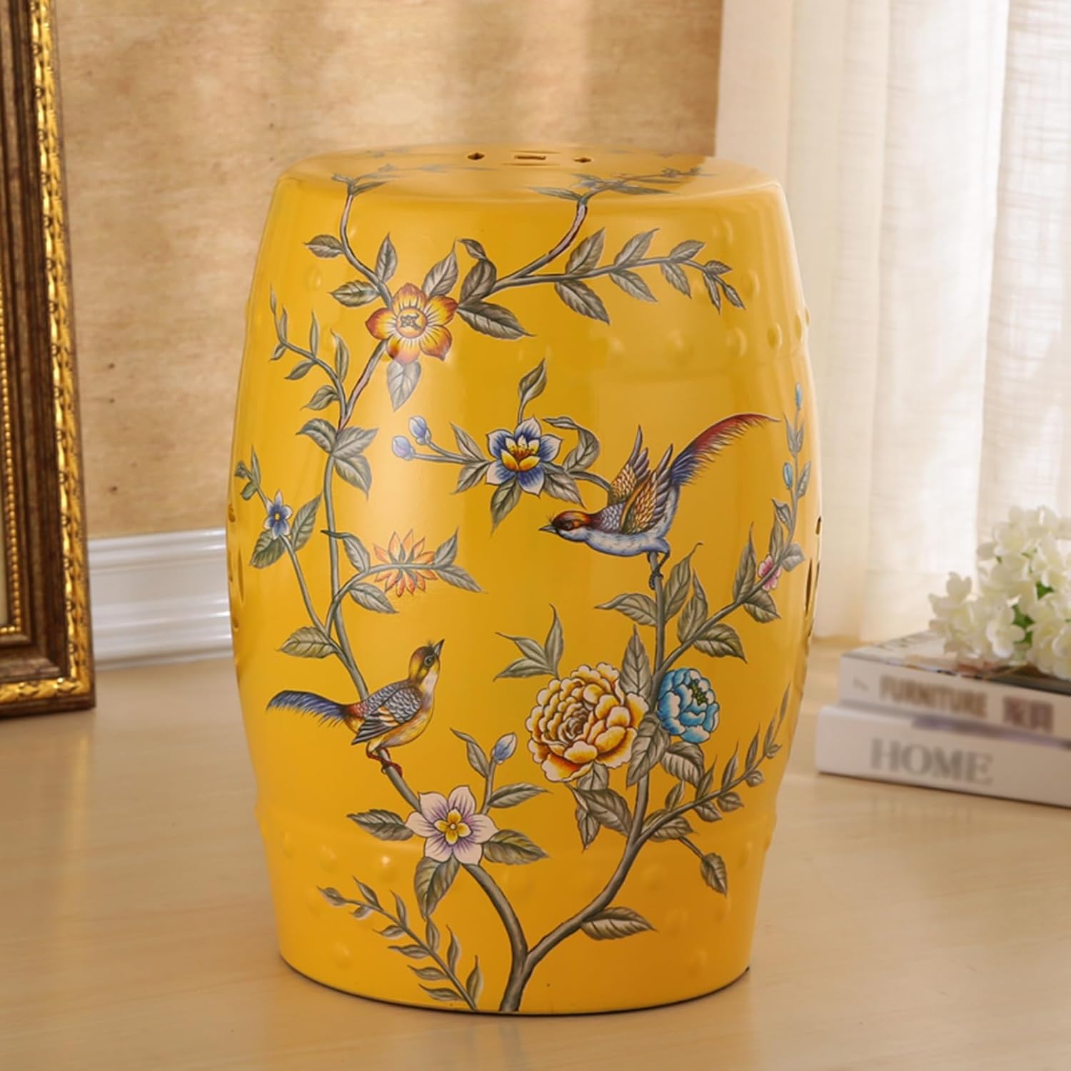 Chinoiserie Ceramic Hand Painted Decorative Drum Stool Garden Porcelain Glazed Bird and Flower Side Tables Indoor Outdoor for Bathroom, Garden Room, Patio(Z)